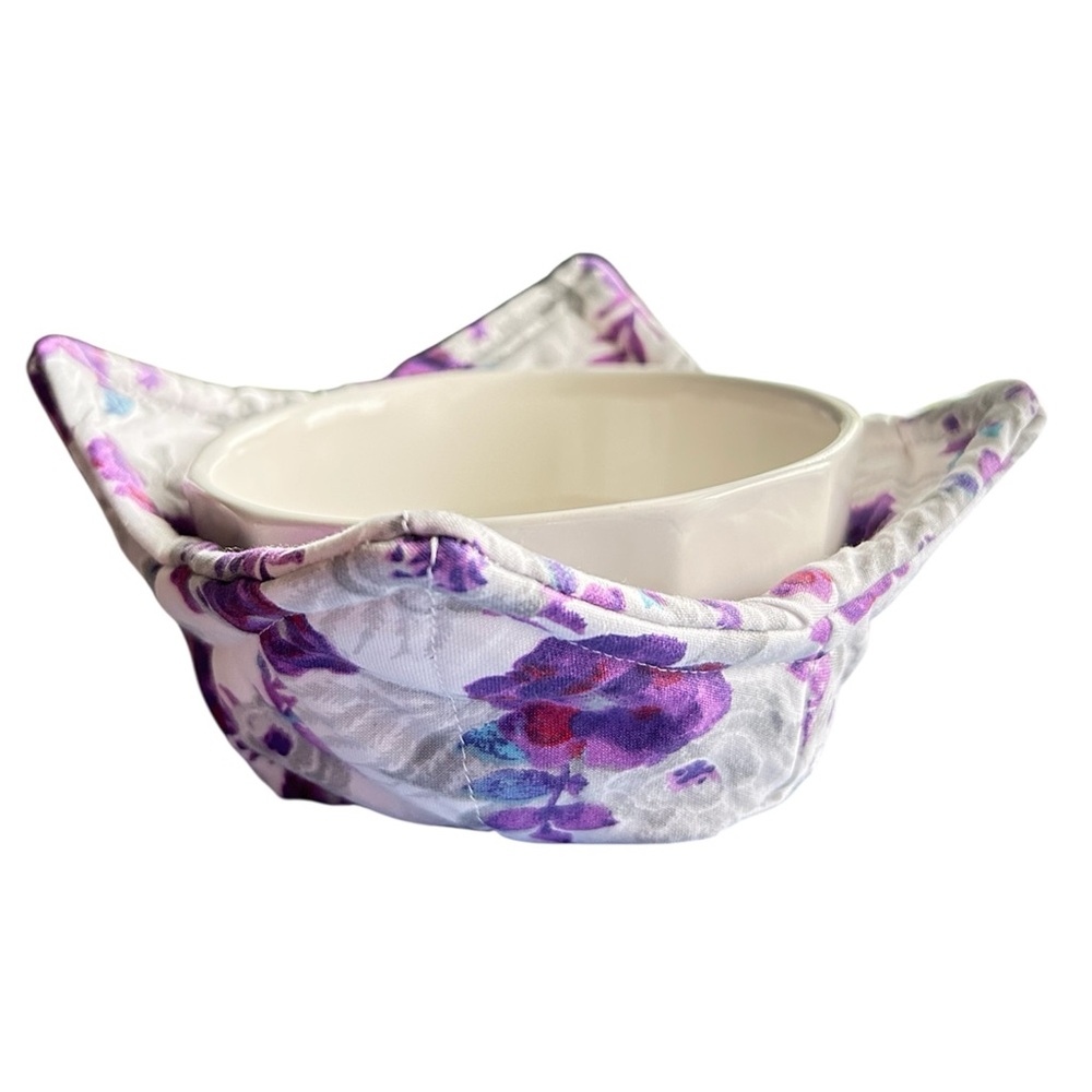 Hand Crafted  Purple Floral Microwave Bowl Cozy Reusable Cotton Mug Holder